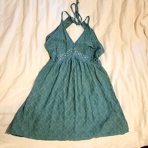 Sage green crochet halter mini dress